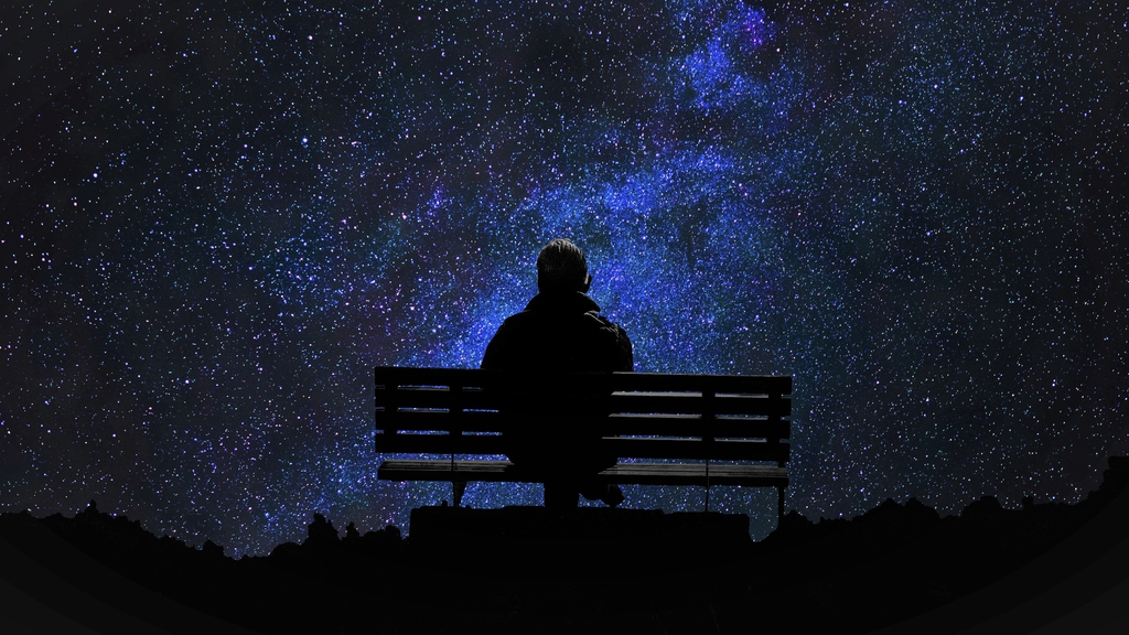 lonely, man, bench, sky, night, stars, starry sky, lonely 4k ultra hd wallpaper